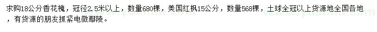 求購18公分香花槐、15公分美國紅楓