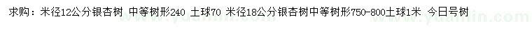 求購(gòu)米徑12、18公分銀杏