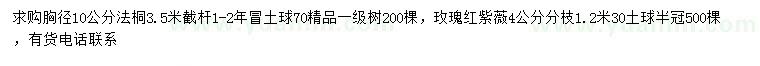 求購胸徑10公分法桐、4公分玫瑰紅紫薇