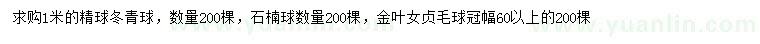 求購冬青球、石楠球、金葉女貞毛球