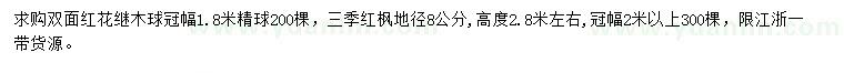 求購冠幅1.8米雙面紅花繼木球、地徑8公分三季紅楓