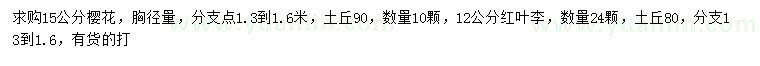 求購胸徑量15公分櫻花、12公分紅葉李