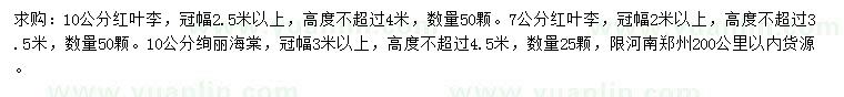 求購7、10公分紅葉李、10公分絢麗海棠