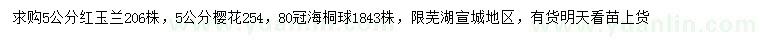 求購紅玉蘭、櫻花、海桐球
