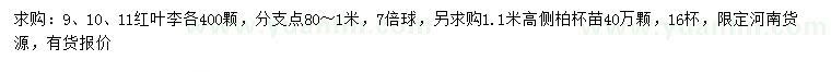 求購9、10、11公分紅葉李、高1.1米側柏