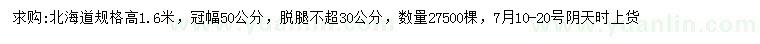 求購高1.6米北海道