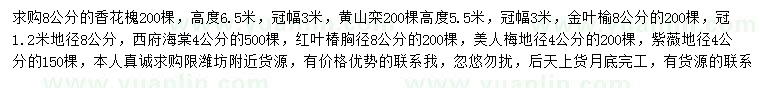 求購香花槐、黃山欒、金葉榆等