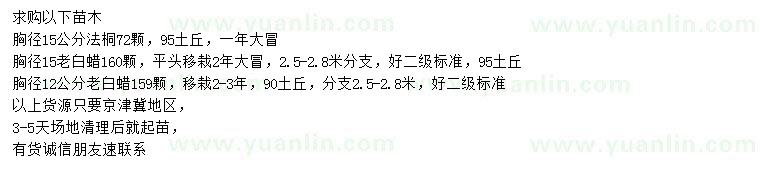 求購(gòu)胸徑15公分法桐、12、15公分老白蠟