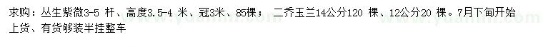 求購(gòu)高3.5-4米叢生紫薇、12、14公分二喬玉蘭