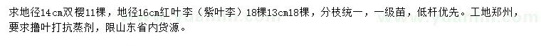 求購地徑14公分雙櫻、16公分紅葉李（紫葉李 ）