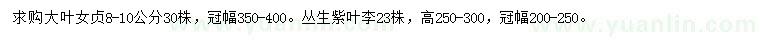 求購8-10公分大葉女貞、高250-300公分叢生紫葉李