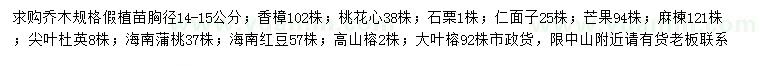 求購香樟、桃花心、石粟等