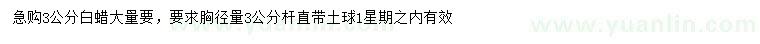 求購(gòu)胸徑3公分白蠟		