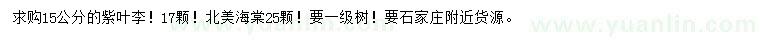 求購15公分紫葉李、北美海棠