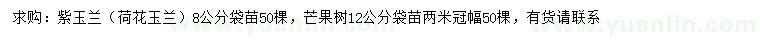 求購8公分紫玉蘭、12公分芒果樹