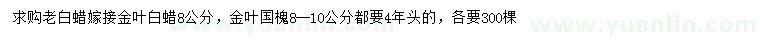 求購8公分老白蠟、8-10公分金葉國槐