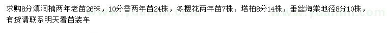 求購滇潤楠、冬櫻、塔柏等