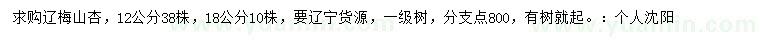 求購12公分、18公分遼梅山杏