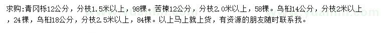 求購青岡櫟、苦楝、烏桕