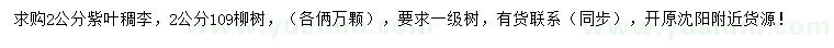 求購2公分紫葉稠李、109柳樹