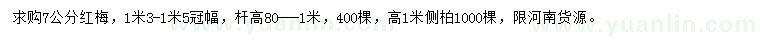 求購7公分紅梅、高1米側(cè)柏