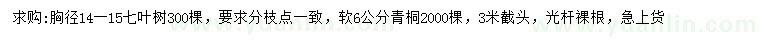 求購胸徑14-15公分七葉樹、軟6公分青桐