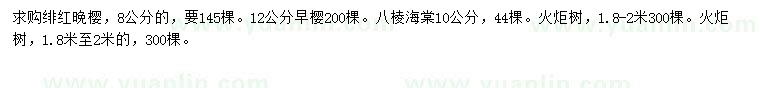 求購緋紅晚櫻、早櫻、八棱海棠等
