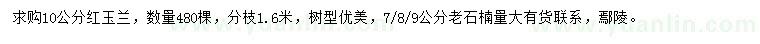 求購10公分紅玉蘭、7、8、9公分老石楠