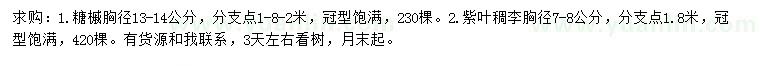 求購胸徑13-14公分糖槭、胸徑7-8公分紫葉稠李
