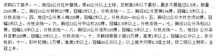 求購紅葉碧桃、櫸樹、苦楝等