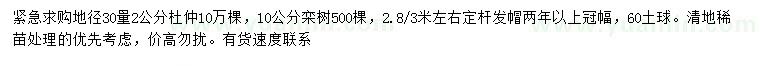 求購30量2公分杜仲、10公分欒樹