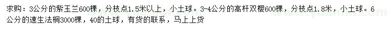求購紫玉蘭、高桿雙櫻、速生法桐