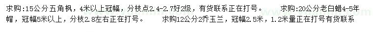 求購五角楓、老白蠟、二喬玉蘭