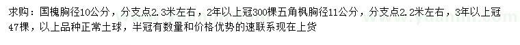 求購胸徑10公分國槐、胸徑11公分五角楓