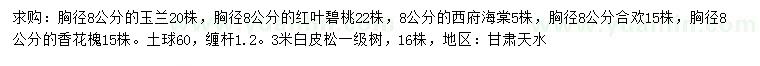 求購(gòu)玉蘭、紅葉碧桃、西府海棠等