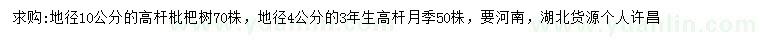 求購地徑10公分枇杷樹、地徑4公分月季