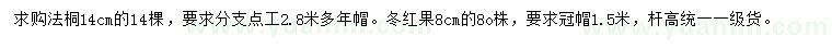 求購14公分法桐、8公分冬紅果