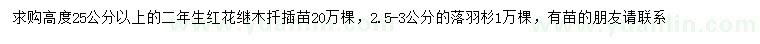 求購(gòu)高25公分以上紅花繼木、2.5-3公分的落羽杉