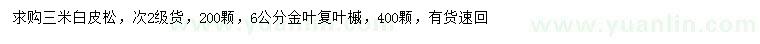 求購(gòu)3米白皮松、6公分金葉復(fù)葉槭