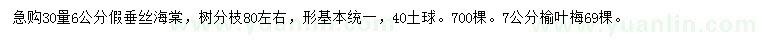 求購30量6公分假垂絲海棠、7公分榆葉梅