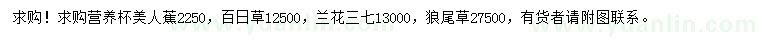 求購美人蕉、百日草、蘭花三七等