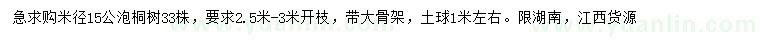 求購米徑15公泡桐