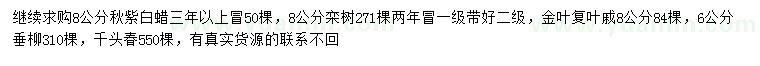 求購秋紫白蠟、欒樹、金葉復葉戚等