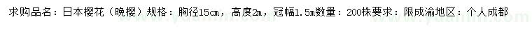 求購胸徑15公分日本櫻花、晚櫻