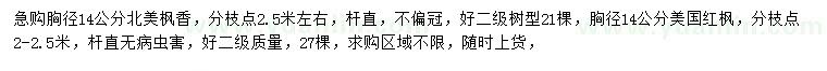 求購胸徑14公分北美楓香、美國紅楓