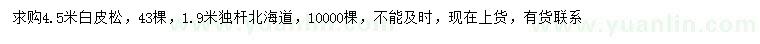 求購4.5米白皮松、1.9米獨(dú)桿北海道