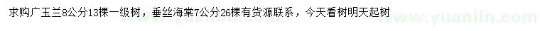 求購(gòu)8公分廣玉蘭、7公分垂絲海棠