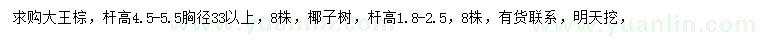 求購桿高4.5-5.5米大王棕、桿高1.8-2.5米椰子樹