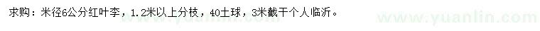 求購(gòu)米徑6公分紅葉李