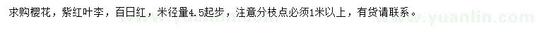 求購櫻花、紫紅葉李、百日紅